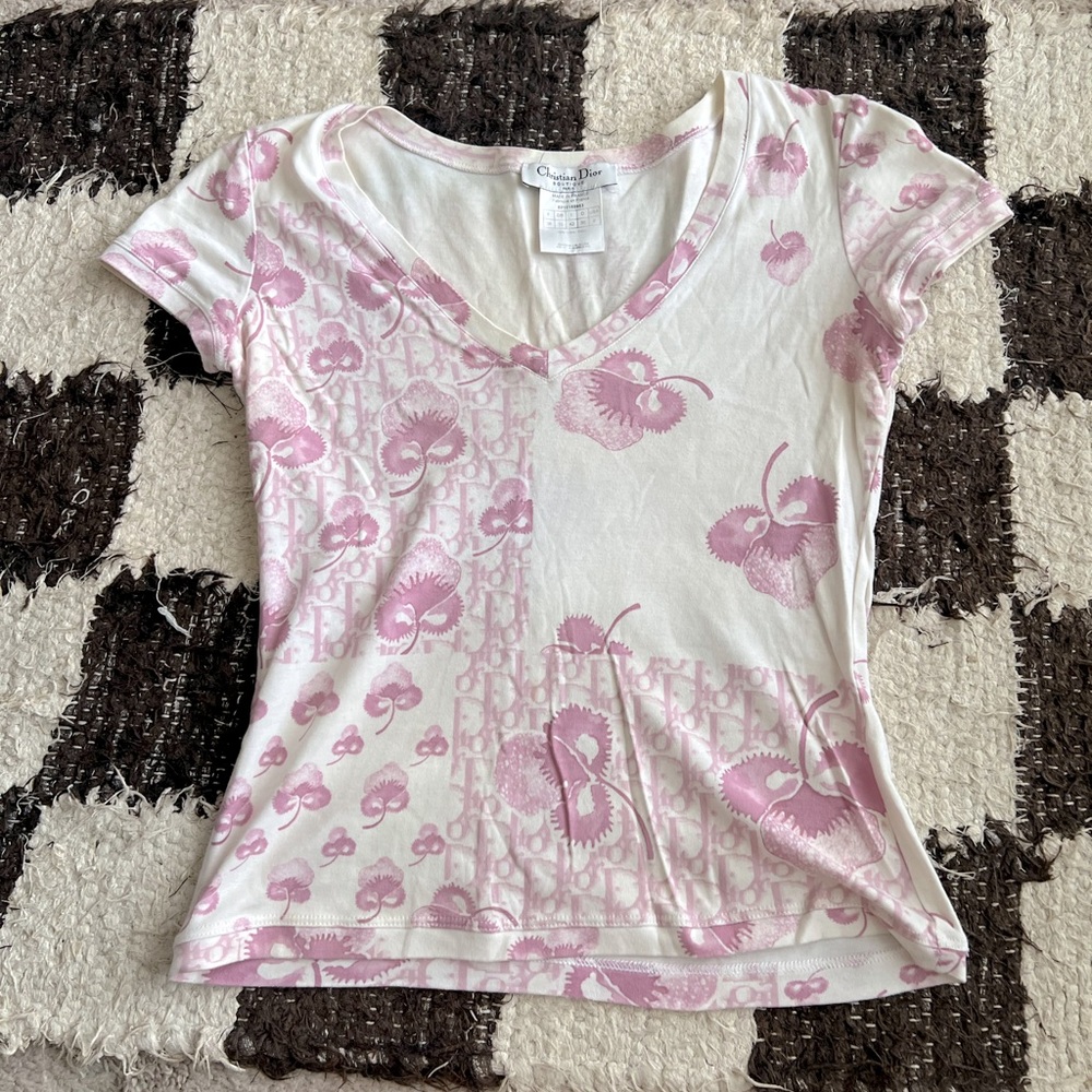 rare Christian Dior Cherry Blossom V Neck Tee
